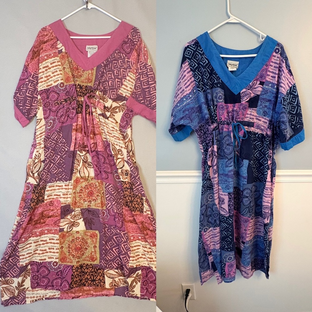 Lot of 2 Anthony Richards Cotton Patchwork Lounger Dresses Blue Pink Blue Large